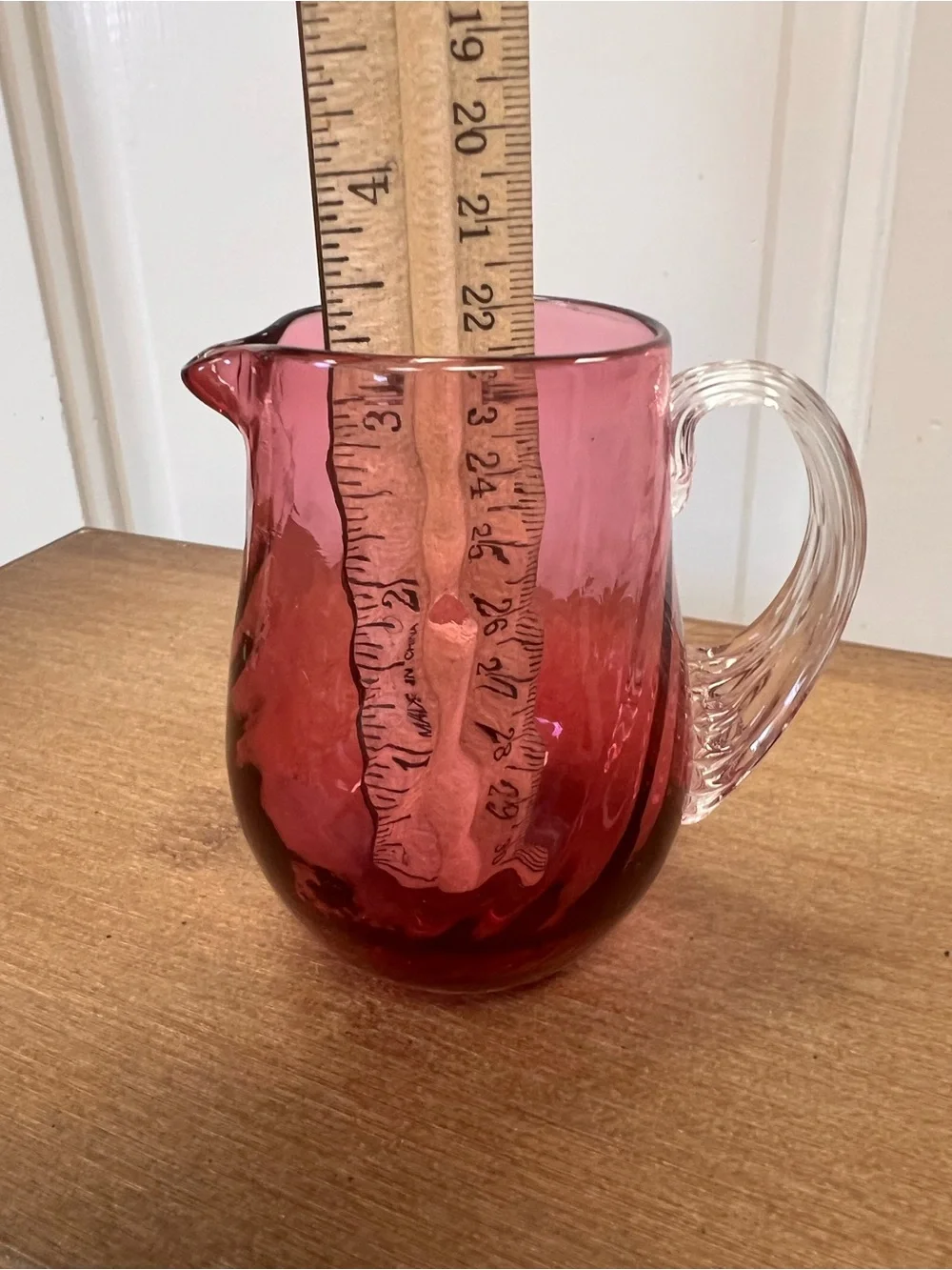 Handblown Cranberry Glass Creamer Pitcher with Clear Handle
